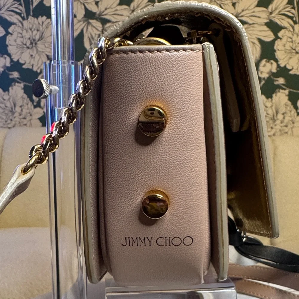 Jimmy Choo Authentic Taupe Crossbody Bag w/Metallic Interior, Dusty, Auth Card